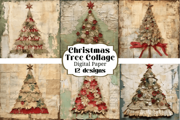 Christmas Tree Collage Backgrounds: 12 Festive Digital Papers for Your Crafts