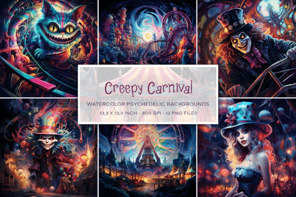 Creepy Carnival Watercolor Backgrounds: Unleash the Psychedelic Dark