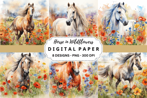 Horse in Wildflowers Backgrounds: Design Possibilities